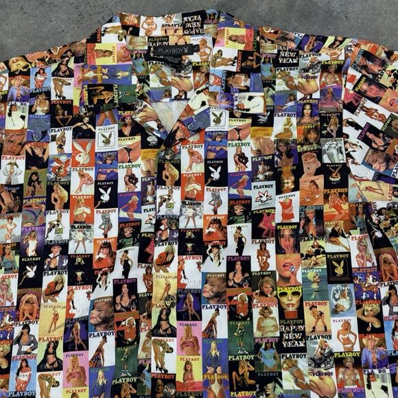 Playboy Shirt Men Size Large All Over Collage Cover Magazine Centerfold - Picture 6 of 14
